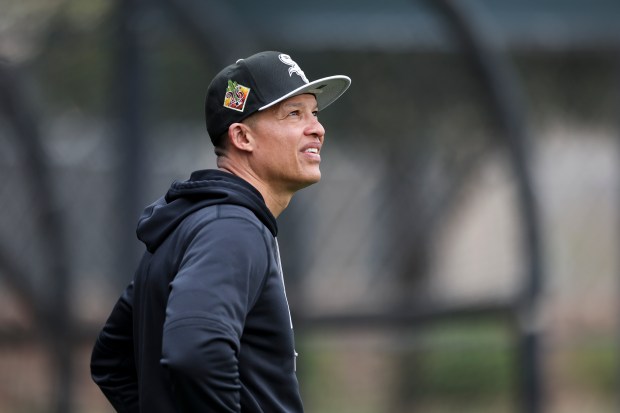 White Sox manager Will Venable watches players practice during spring training at Camelback Ranch on Monday, Feb. 16, 2026, in Glendale, Ariz. (Eileen T. Meslar/Chicago Tribune)