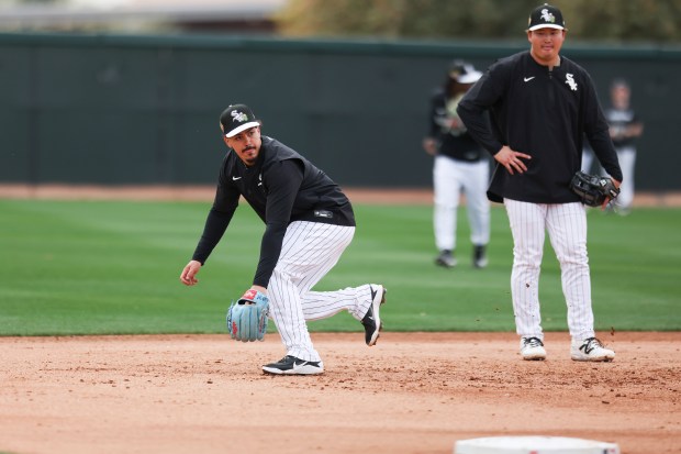 White Sox third baseman Miguel Vargas fields a grounder during spring training at Camelback Ranch on Monday, Feb. 16, 2026, in Glendale, Ariz. (Eileen T. Meslar/Chicago Tribune)