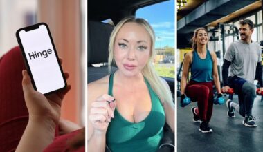 hinge app (l) woman shares dating experience (c) woman and man on a gym date (r)
