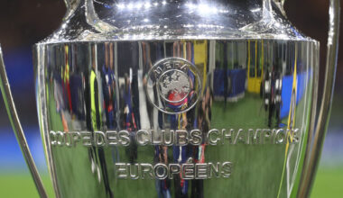 MILAN, ITALY - MARCH 11: The UEFA Champions League trophy is displayed on a plinth at the side of the pitch prior to the UEFA Champions League 2024/25 UEFA Champions League 2024/25 Round of 16 Second Leg match between FC Internazionale Milano and Feyenoord at on March 11, 2025 in Milan, Italy. (Photo by Marco Luzzani/Getty Images)