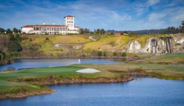 Club at Iron Lake Clubhouse view over the waterfalls and lake at the facility in Ocala.