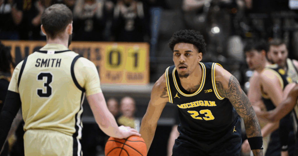 Michigan Wolverines basketball forward Yaxel Lendeborg led his team to a win over Purdue. (Photo by Marc Lebryk-Imagn Images)