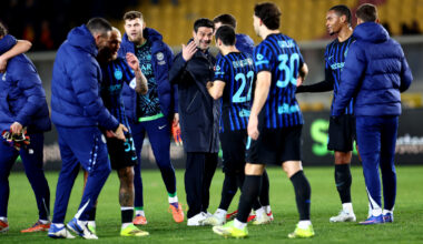 LECCE, ITALY - FEBRUARY 21: Head coach of FC Internazionale Cristian Chivu celebrates after the Serie A match between US Lecce and Inter at Stadio Via del Mare on February 21, 2026 in Lecce, Italy. (Photo by Maurizio Lagana/Getty Images)