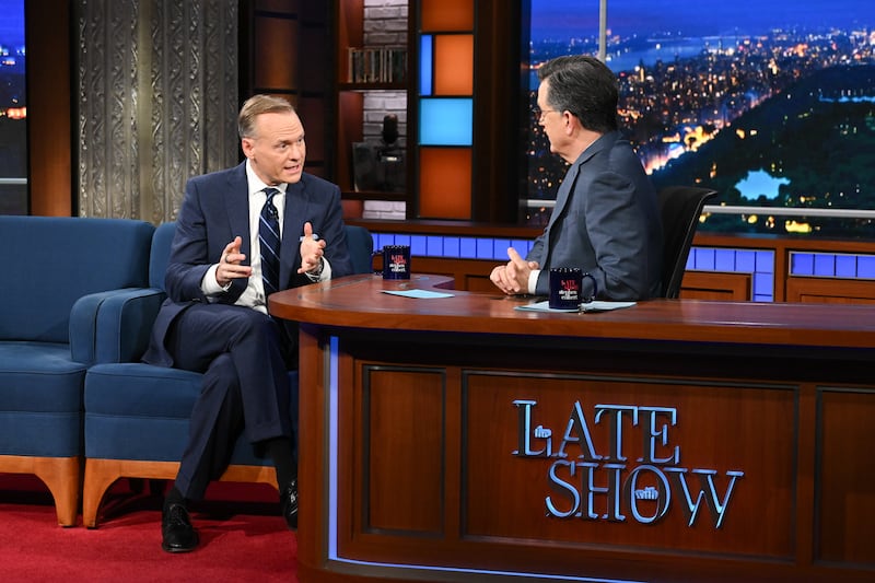The Late Show with Stephen Colbert and guest John Dickerson during Wednesday's January 22, 2025 show.