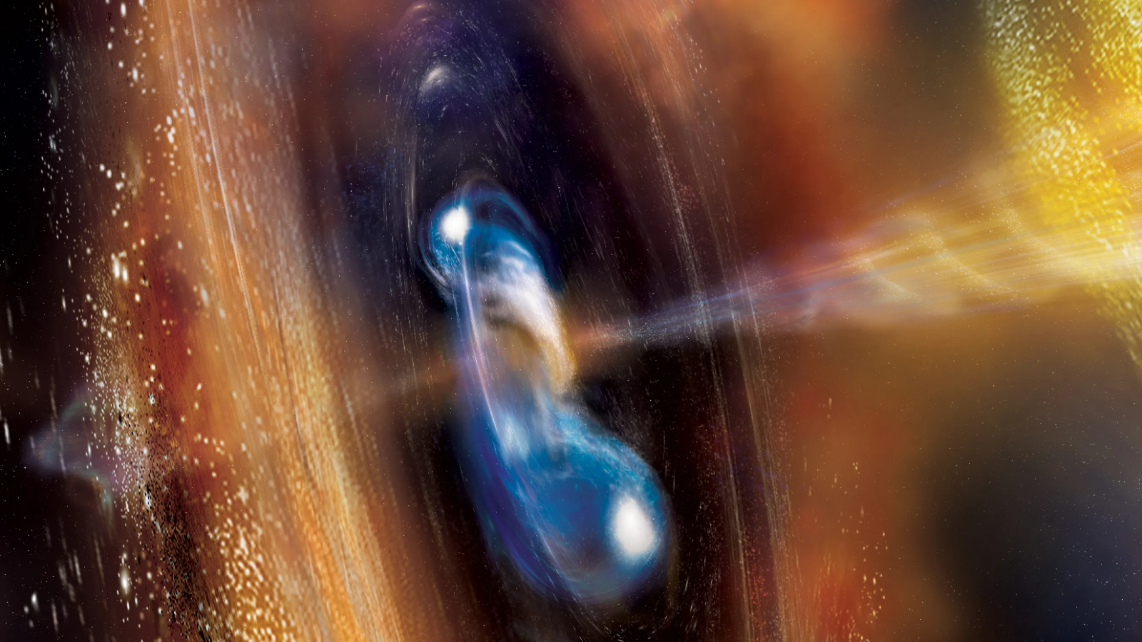 Illustration of colliding neutron stars shooting out a giant beam of energy into space