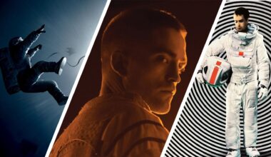 Split image showing screenshots from three bleak sci-fi movies (L-R): Gravity, High Life, and Moon.