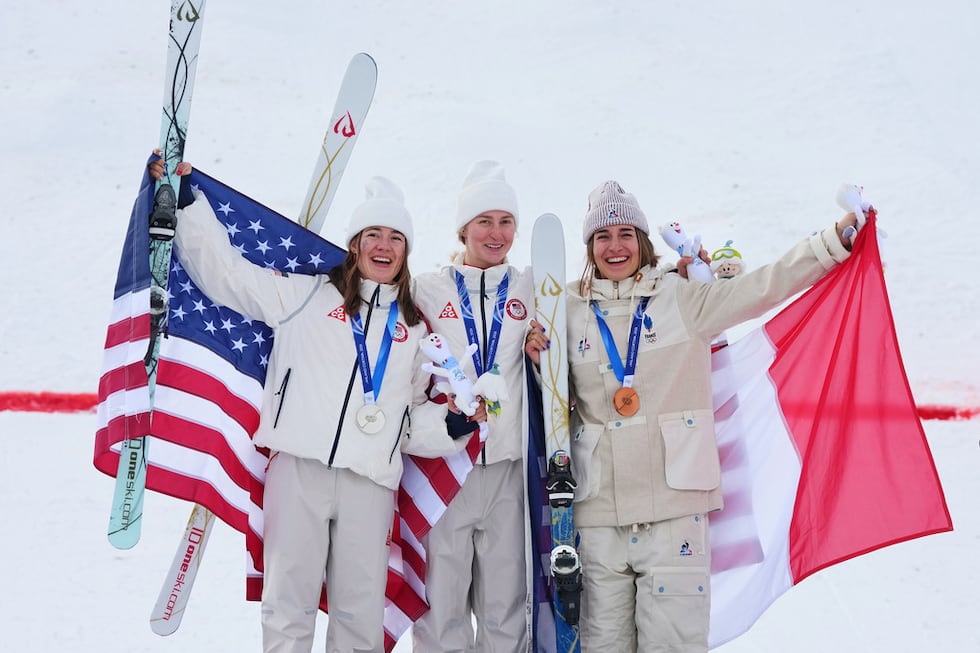 From left, silver medalist United States' Jaelin Kauf, gold medalist United States' Elizabeth...