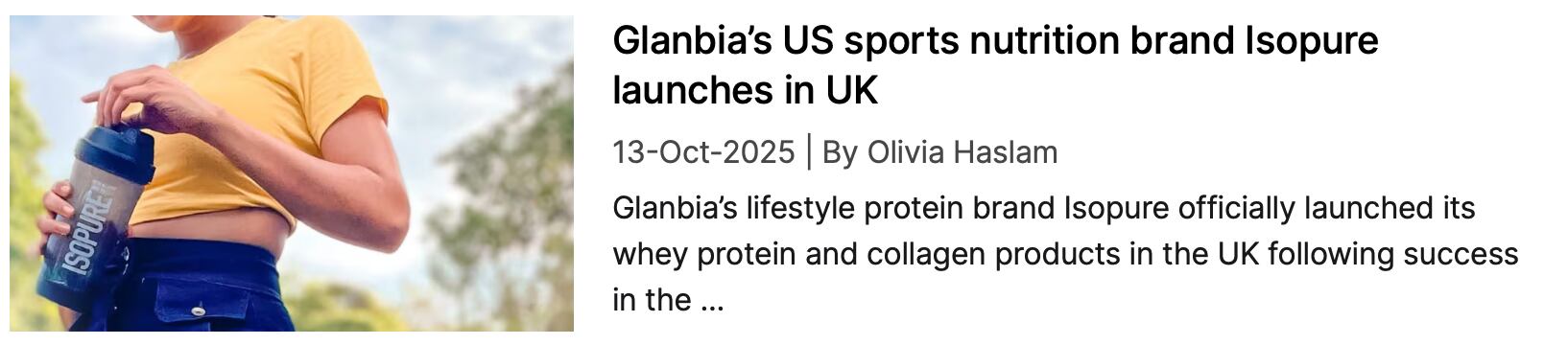 Screenshot of NutraIngredients coverage: "Glanbia's US sports nutrition brand Isopure launches in UK"