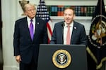 President Donald Trump and Environmental Protection Agency Administrator Lee Zeldin speak at the White House on Feb. 12, 2026.