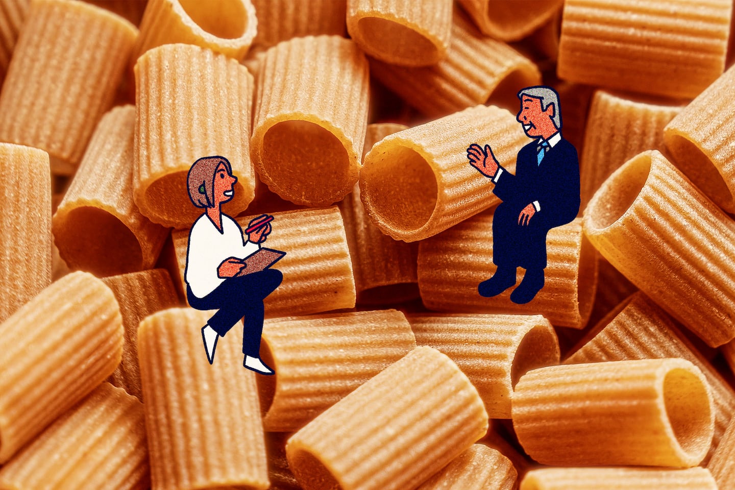 Close up photo of rigatoni style lentil pasta with two cartoon people sitting on the pasta tubes talking.