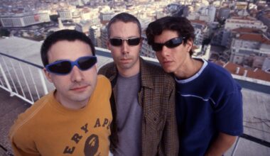 A group portrait of Beastie Boys in Portugal circa 1998