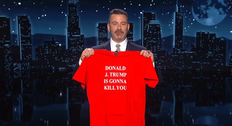 Jimmy Kimmel Live! Kimmel holding shirt that reads "Donald J. Trump is gonna kill you."