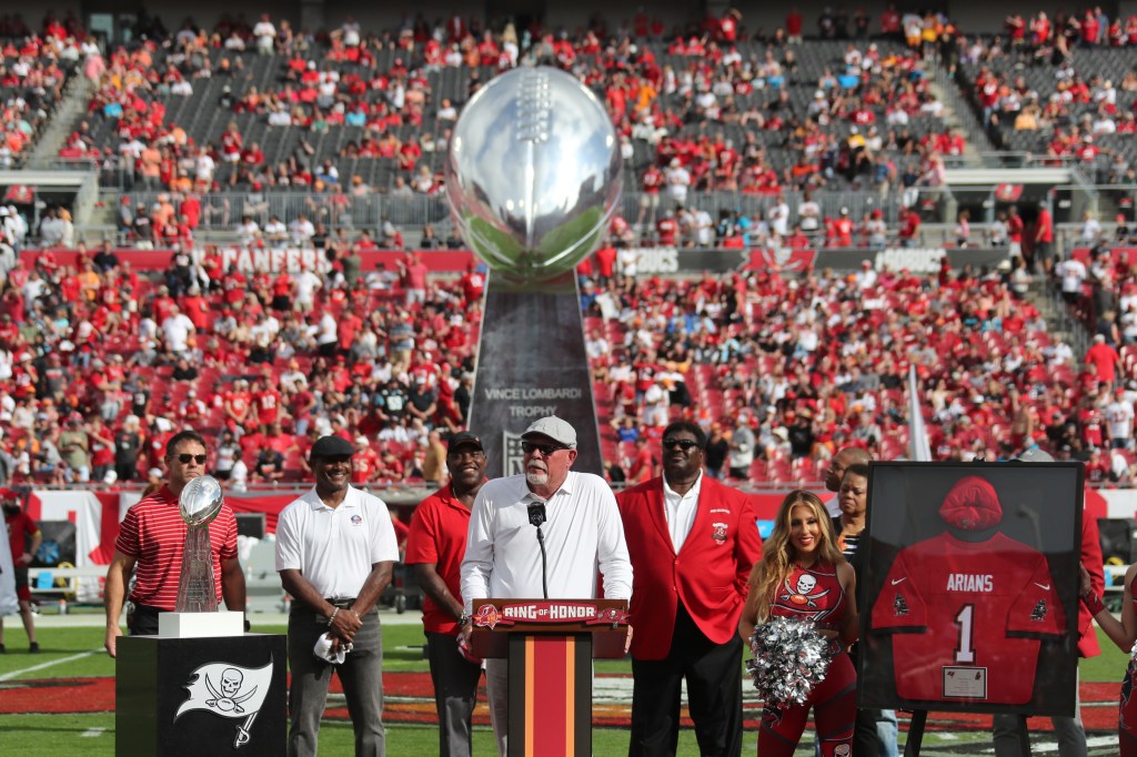 Tampa Bay Buccaneers Head Coach Bruce Arians is inducted into the Tampa Bay Buccaneers Ring of Honor at half-time of the regular season game between the Carolina Panthers and the Tampa Bay Buccaneers on January 01, 2023.