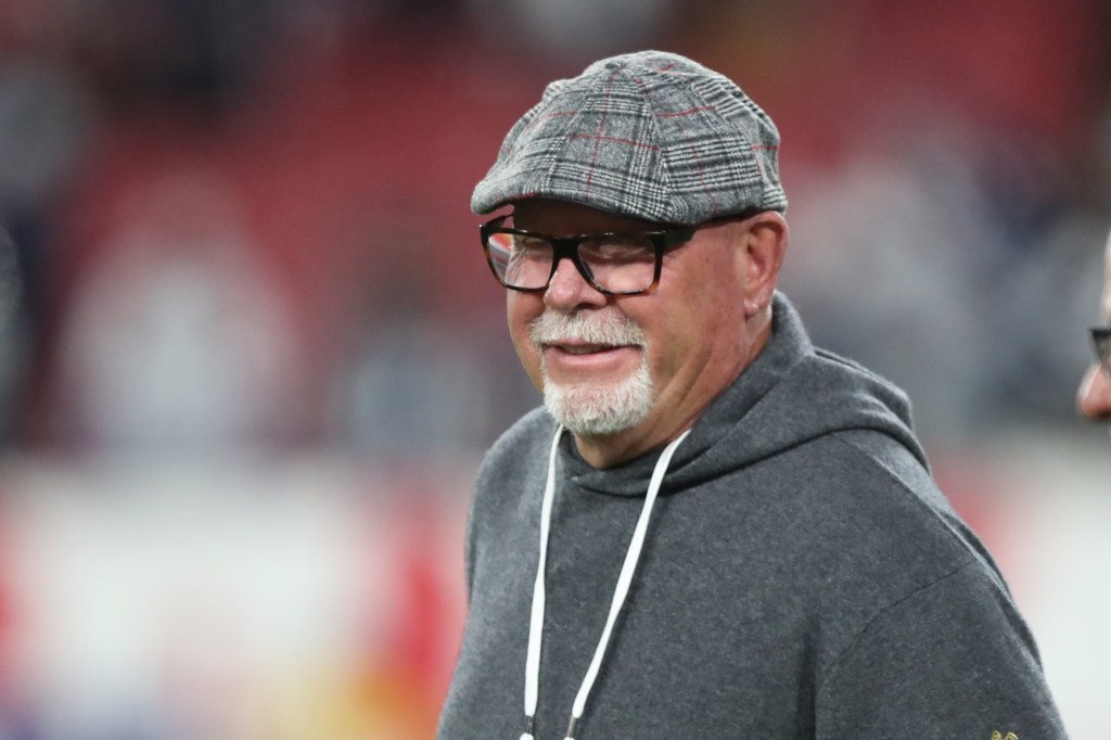 Buccaneers Special Assistant to the General Manager Bruce Arians smiles before the NFC Wild Card Playoff game between the Dallas Cowboys and the Tampa Bay Buccaneers on January 16, 2023 at Raymond James Stadium in Tampa, Florida.
