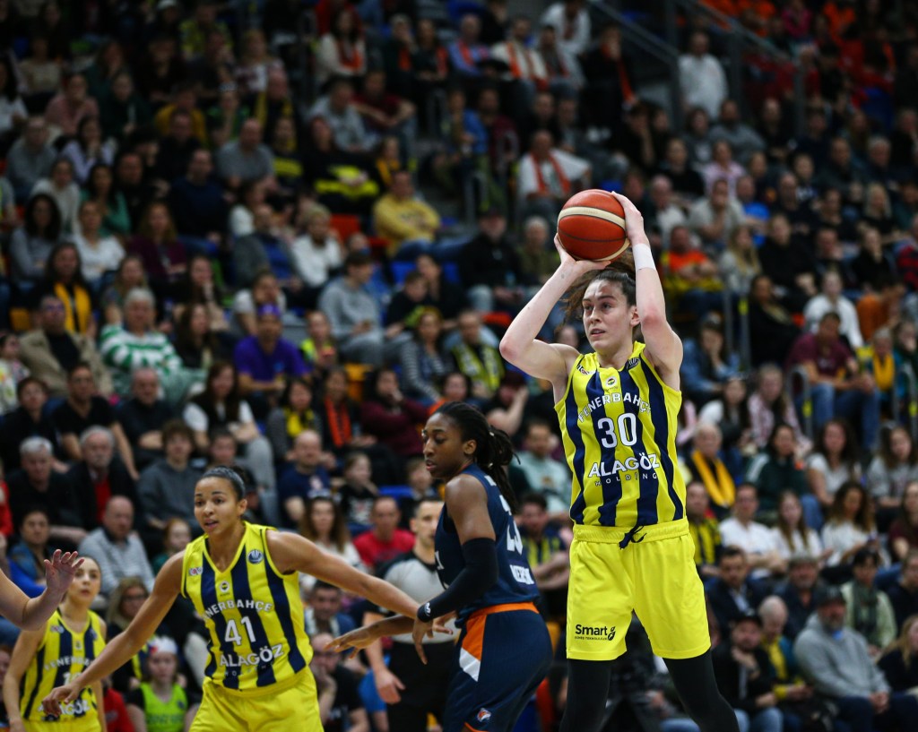 Breanna Stewart (R) of Fenerbahce Alagoz Holding in action during FIBA EuroLeague Women final match 