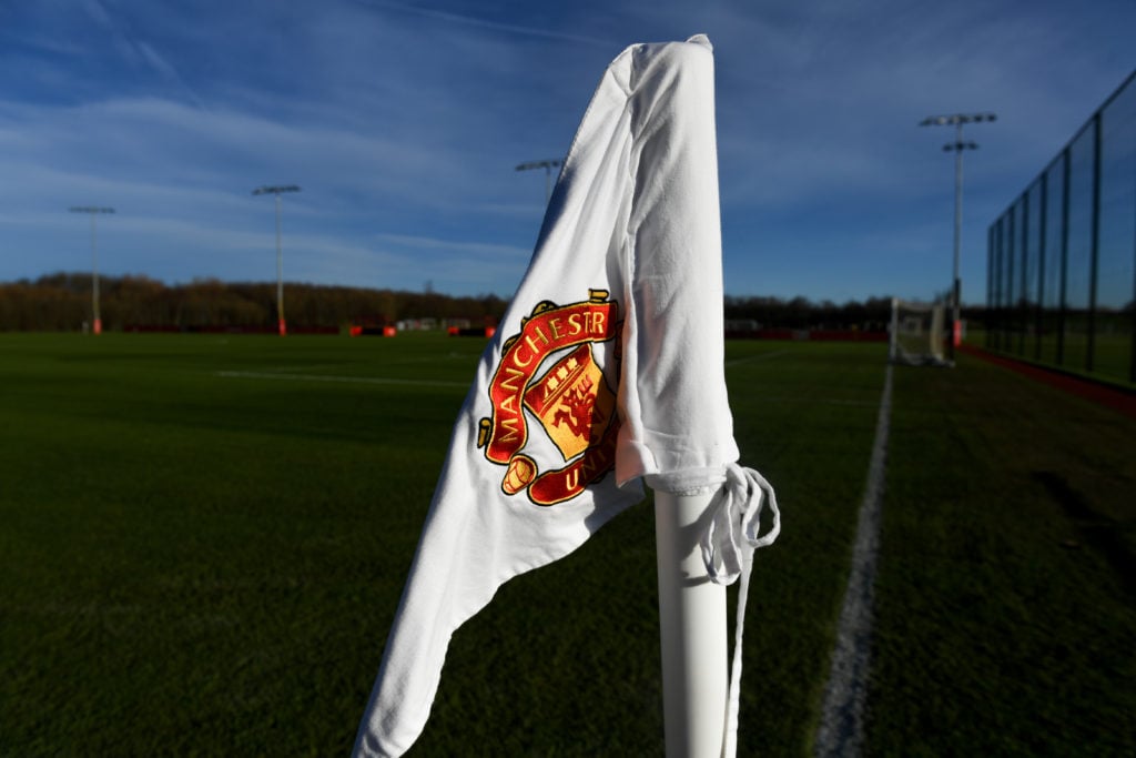 Manchester United badge on flag at Carrington.