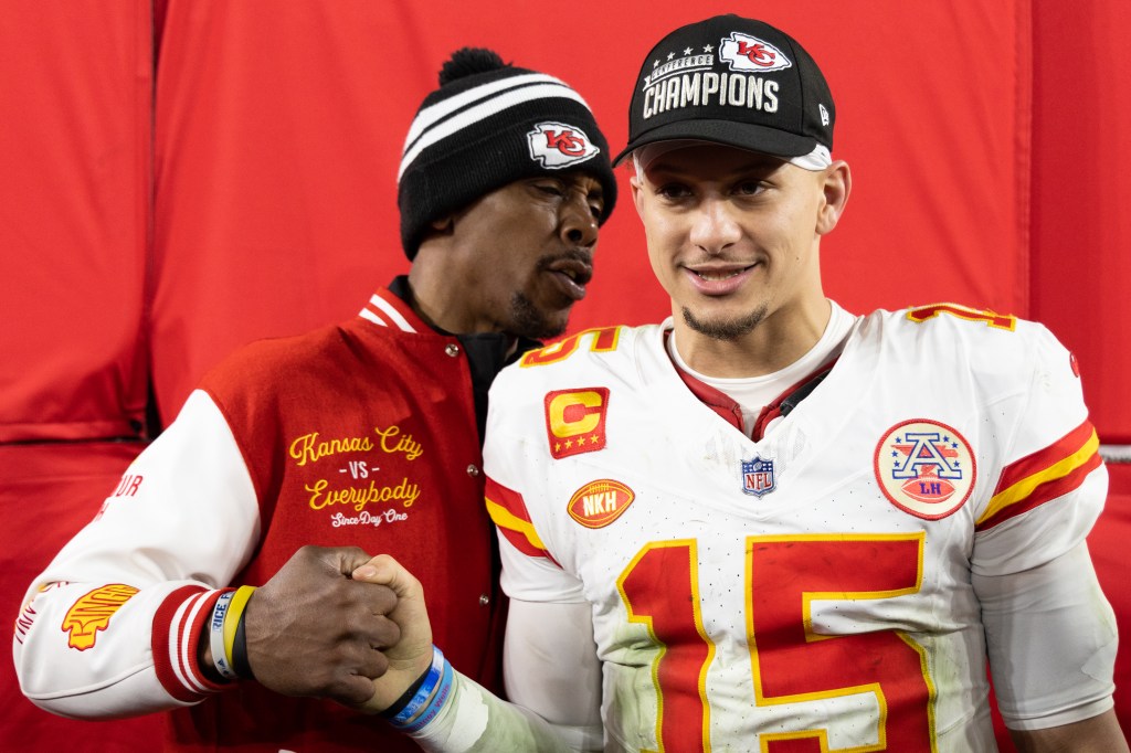 Patrick Mahomes #15 of the Kansas City Chiefs celebrates with his father Pat Mahomes after the AFC Championship NFL football game at M&T Bank Stadium on January 28, 2024 in Baltimore, Maryland.
