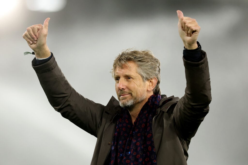Edwin Van der Sar, former Manchester United and Fulham player, acknowledges the fans during the Premier League match between Fulham and Manchester United at Craven Cottage in 2025 in London, England.