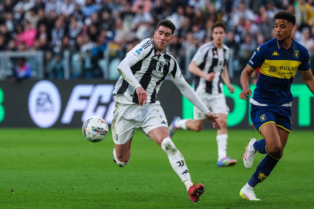 (L-R) Dusan Vlahovic of Juventus FC seen in action with Koni