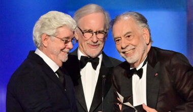 (L-R) George Lucas, Steven Spielberg and Francis Ford Coppola speak onstage during the 50th Annual AFI Life Achievement Award honoring Francis Ford Coppola at Dolby Theatre on April 26, 2025 in Hollywood, California.