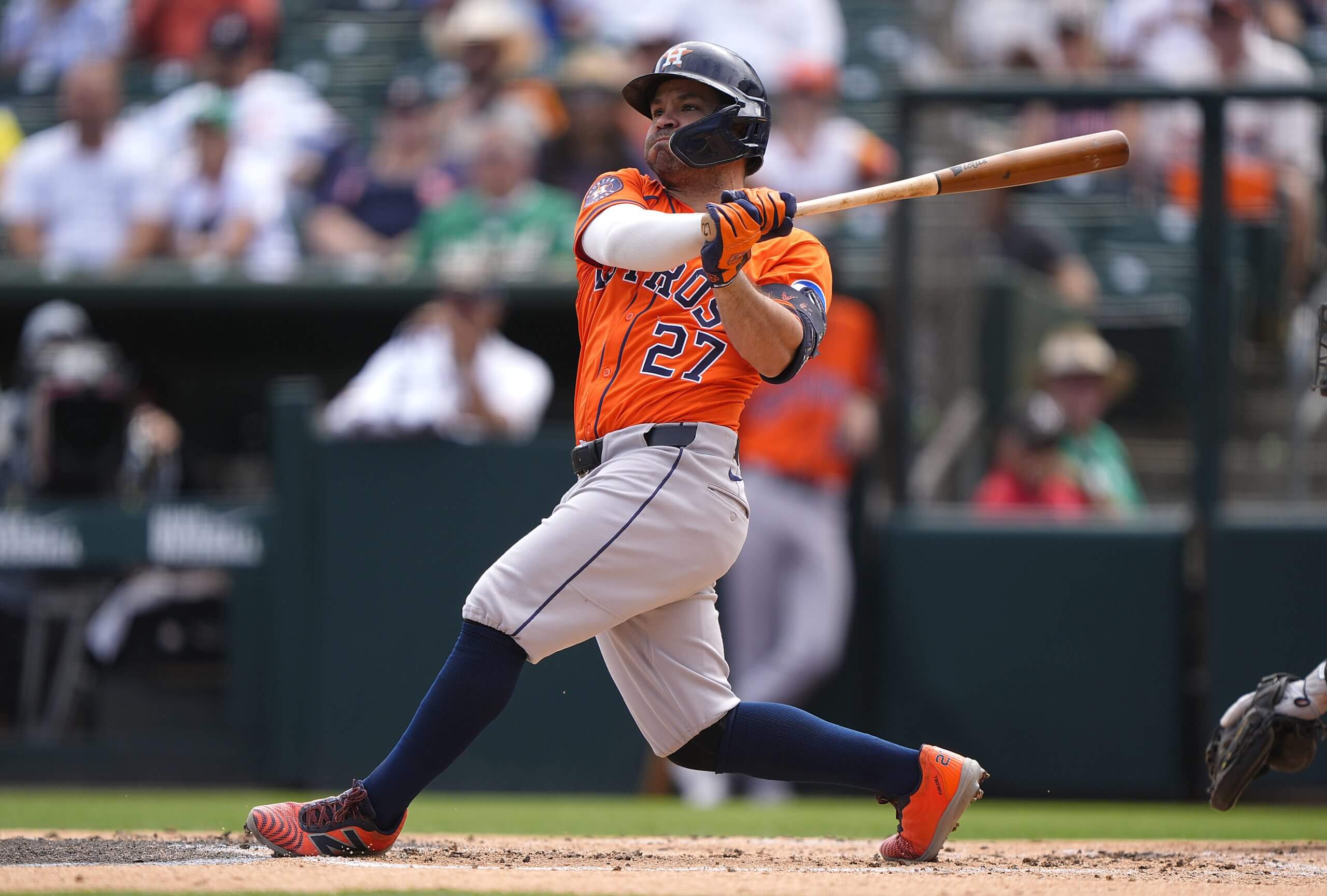 Jose Altuve hits an RBI double at Sutter Health Park in West Sacramento, Calif.