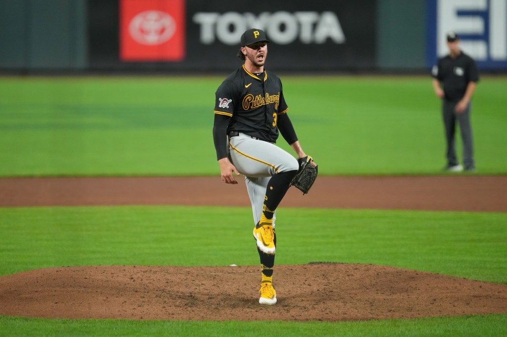 Paul Skenes #30 of the Pittsburgh Pirates reacts during a baseball game against the Cincinnati Reds at Great American Ball Park on September 24, 2025 in Cincinnati, Ohio.
