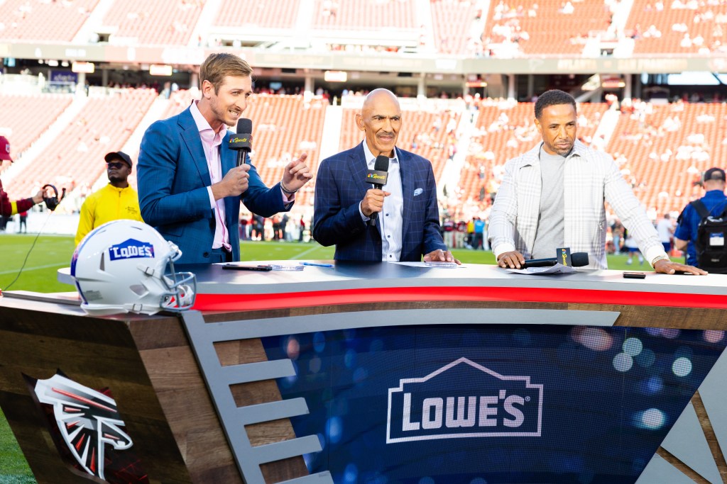NBC Sports announcers Jac Collinsworth, Tony Dungy, and Rodney Harrison are on-air for "Football Night in America" before a NFL game between the Atlanta Falcons and the San Francisco 49ers on October 19, 2025 at Levi's Stadium in Santa Clara, CA.