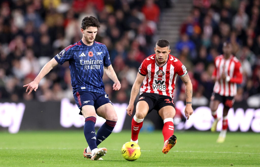 Declan Rice of Arsenal is challenged by Granit Xhaka of Sunderland during the Premier League match.