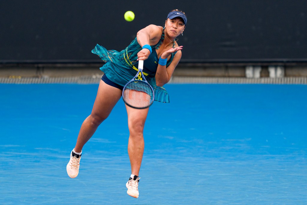 Destanee Aiava of Australia serves against Harriet Dart of Great Britain in their Women's Singles match during 2026 Australian Open Qualifying at Melbourne Park on January 13, 2026 in Melbourne, Australia.