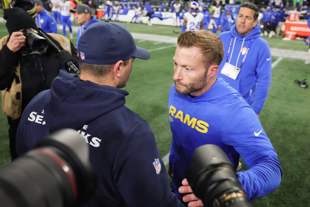Sean McVay greets Mike Macdonald after the NFC Championship Game.
