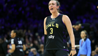 PHILADELPHIA, PENNSYLVANIA - JANUARY 30: Marina Mabrey #3 of the Lunar Owls reacts after making a shot against the Rose during the first half of the Unrivaled 2026 game at Xfinity Mobile Arena on January 30, 2026 in Philadelphia, Pennsylvania. (Photo by Hunter Martin/Getty Images)