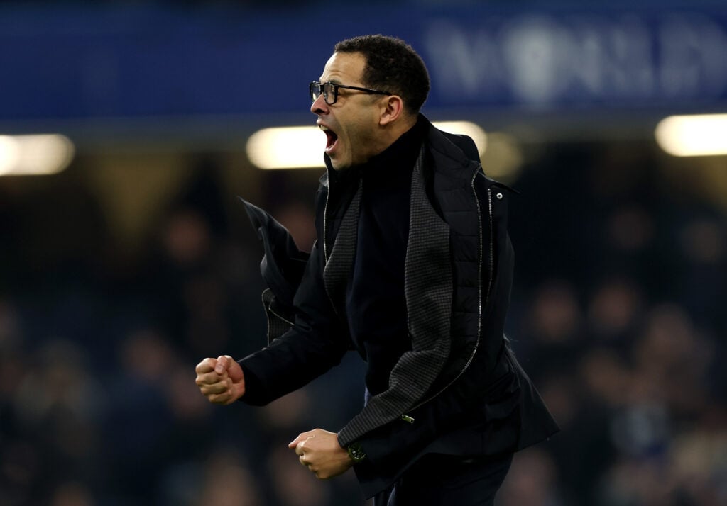 Chelsea manager Liam Rosenior celebrating against West Ham