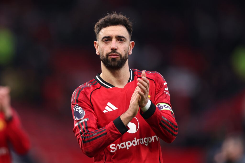 Bruno Fernandes applauds the fans after the Premier League match between Manchester United and Fulham at Old Trafford in 2026 in Manchester, England.