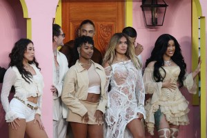 SANTA CLARA, CALIFORNIA - FEBRUARY 08: Karol G (2R) and Cardi B (R) perform onstage during the Apple Music Super Bowl LX Halftime Show at Levi's Stadium on February 08, 2026 in Santa Clara, California. (Photo by Chris Graythen/Getty Images)