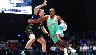 MEDLEY, FLORIDA - FEBRUARY 06: Brittney Sykes #20 of the Laces drives against Rachel Banham #1 of the Lunar Owls during the second quarter of the Unrivaled 2026 game at Sephora Arena on February 06, 2026 in Medley, Florida.