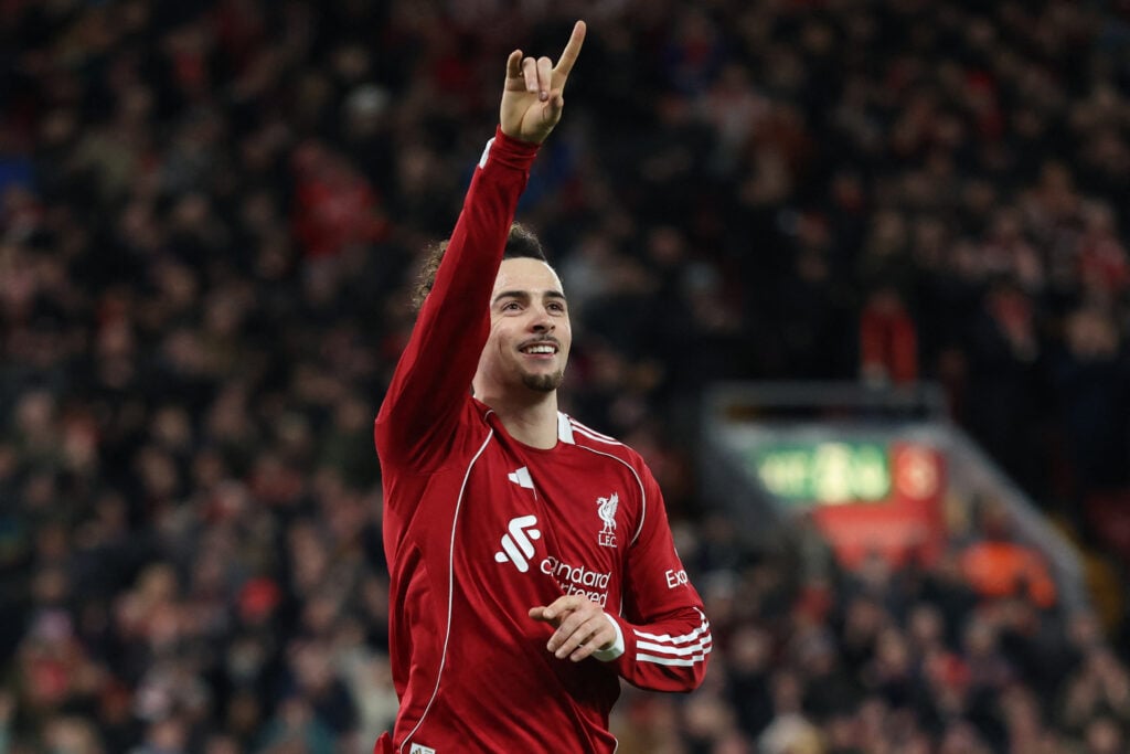 Curtis Jones points to the Anfield stand in celebration during Liverpool's FA Cup match against Brighton & Hove Albion