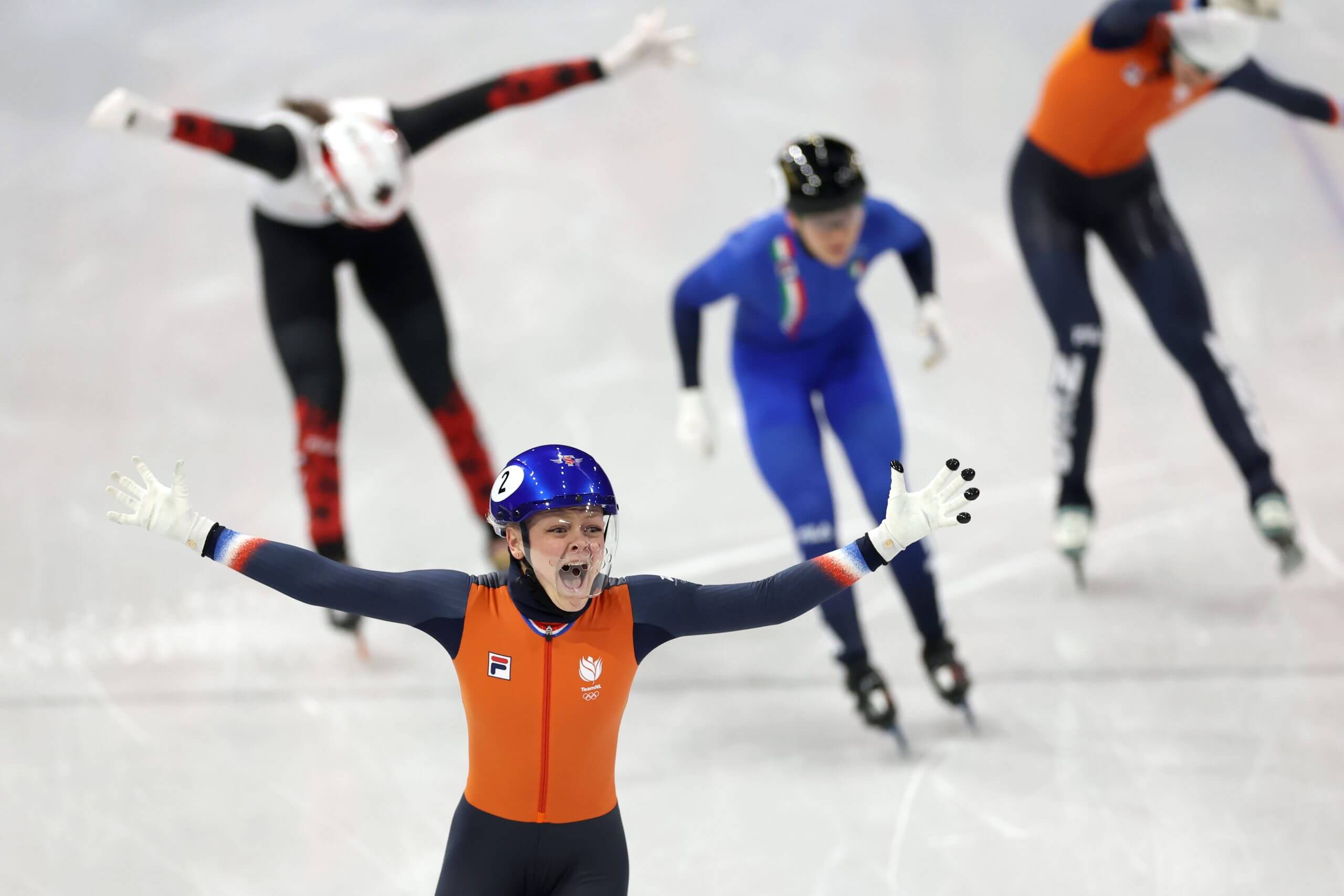 Xandra Velzeboer of Team Netherlands celebrates after winning gold in the Short Track Speed Skating Women's 500m on day six of the Milano Cortina 2026 Winter Olympic games at Milano Ice Skating Arena on February 12, 2026 in Milan, Italy.