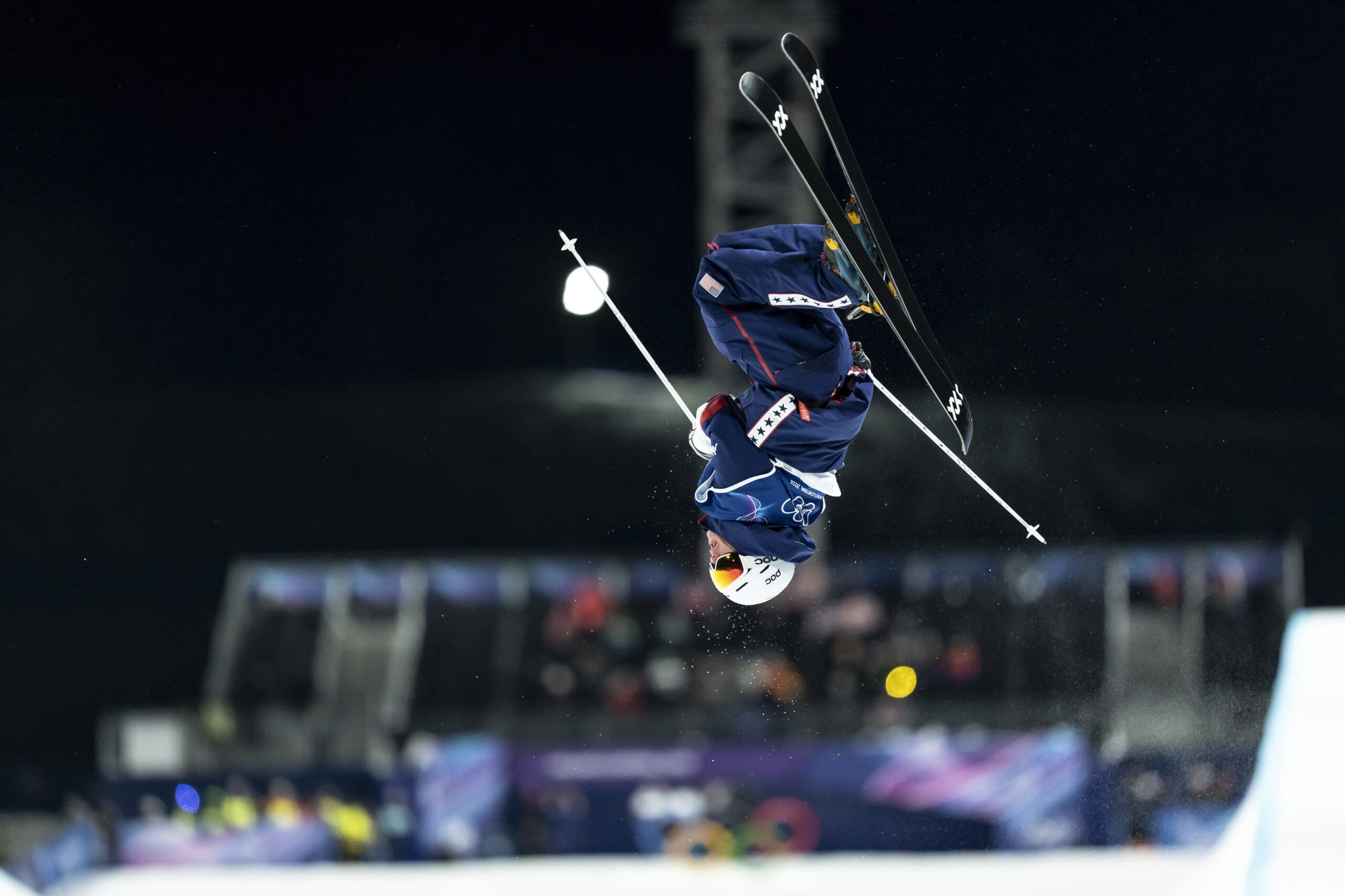Alex Ferreira flies upside down during the freeski halfpipe competition.
