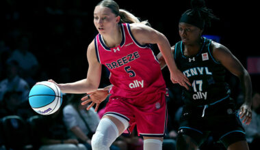 MEDLEY, FLORIDA - FEBRUARY 21: Paige Bueckers #5 of the Breeze dribbles the ball against Erica Wheeler #17 of the Vinyl during the first quarter of the Unrivaled 2026 game at Sephora Arena on February 21, 2026 in Medley, Florida. (Photo by Leonardo Fernandez/Getty Images)