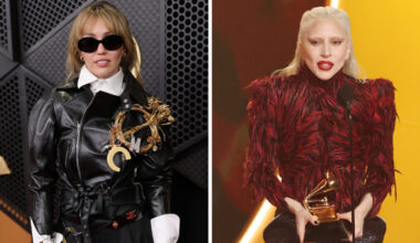 Miley Cyrus attends the 68th GRAMMY Awards on February 01, 2026 in Los Angeles, California. (Photo by Neilson Barnard/Getty Images for The Recording Academy); Lady Gaga accepts the Best Pop Vocal Album award for