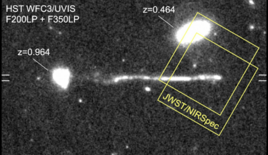 An annotated image of a runaway black hole leaving a streak of new stars in its wake.
