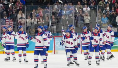United States players celebrate at the end of a men's ice hockey semifinal game between the United States and Slovakia at the 2026 Winter Olympics, in Milan, Italy, on Feb. 20, 2026.