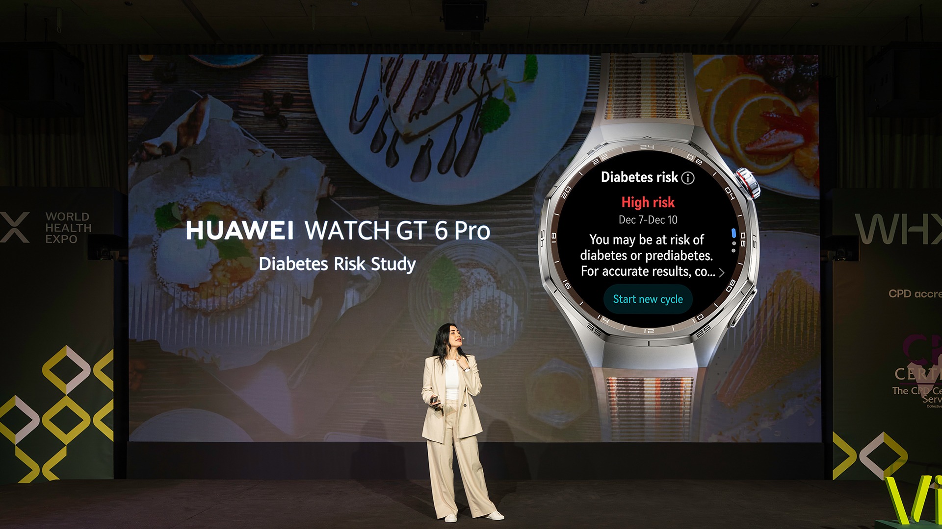 Huawei diabetes risk feature A Huawei executive announcing their new diabetes risk assessment feature on stage