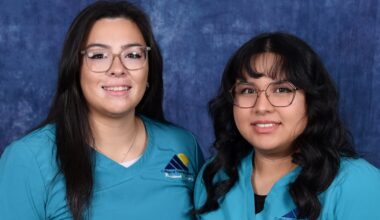 Isabella Cantu (left) and Karina Silva (right), both CEI nursing students, proudly representing the college in their nursing scrubs.