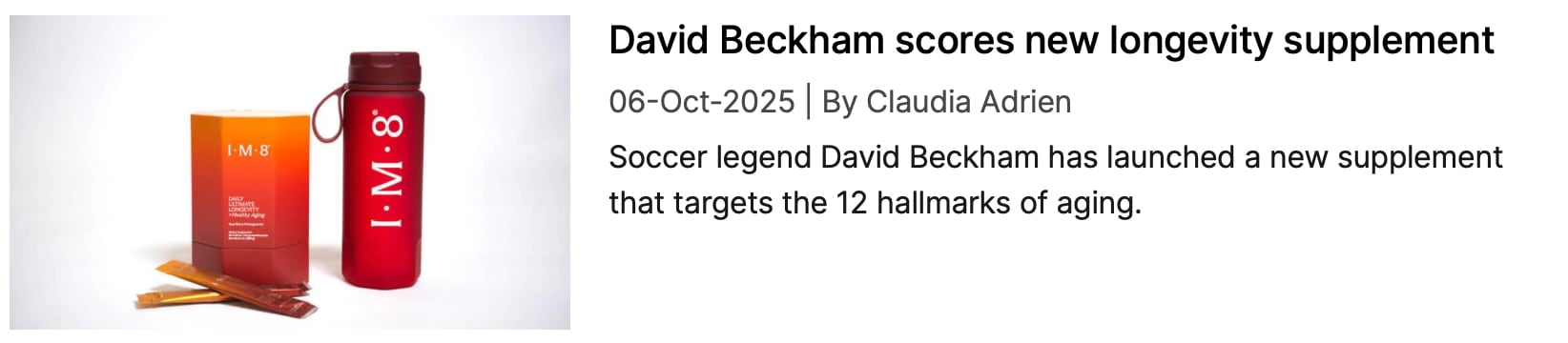 Screenshot of NutraIngredients coverage: "David Beckham scored new longevity supplement"