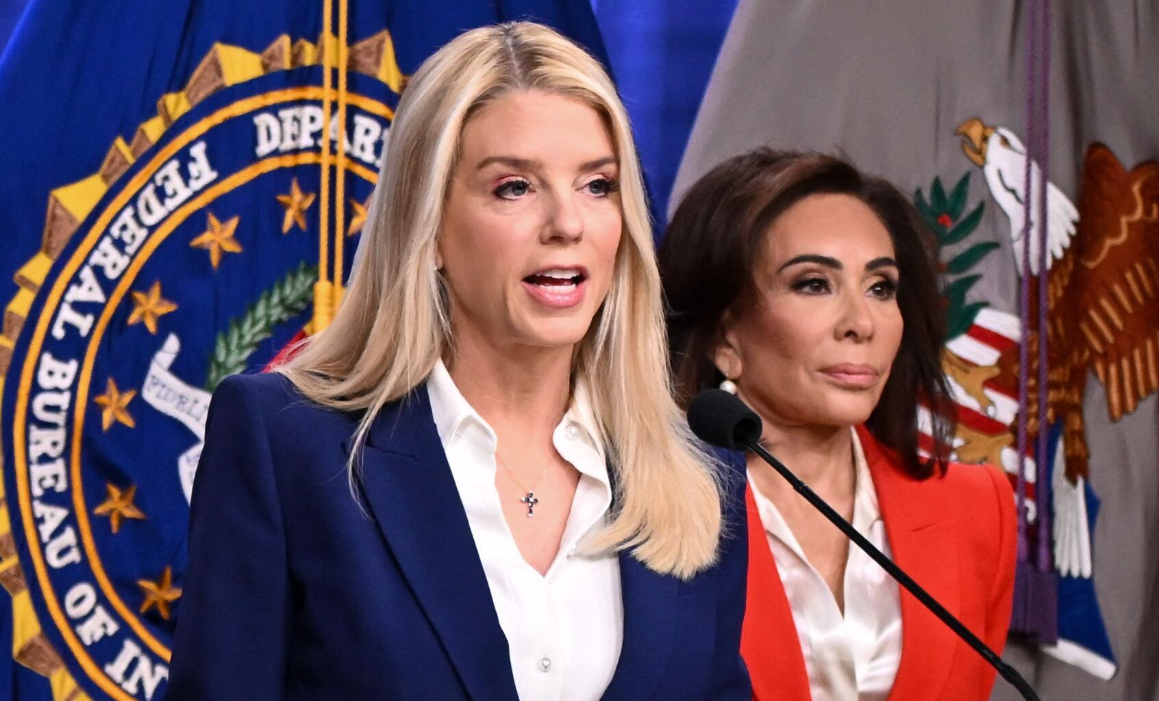 Attorney General Pam Bondi and U.S. Attorney for the District of Columbia Jeanine Pirro. (Alex WROBLEWSKI / AFP via Getty Images)