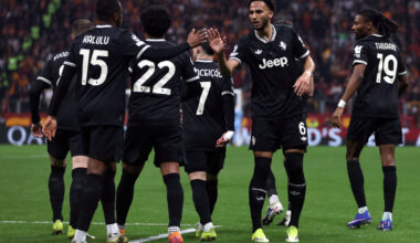ISTANBUL, TURKEY - FEBRUARY 17: Lloyd Kelly and Pierre Kalulu celebrate after Teun Koopmeiners of Juventus (obscured) scored their sides first goal during the UEFA Champions League 2025/26 League Knockout Play-off First Leg match between Galatasaray A.S. and Juventus at Ali Sami Yen Spor Kompleksi on February 17, 2026 in Istanbul, Turkey. (Photo by Burak Kara/Getty Images)