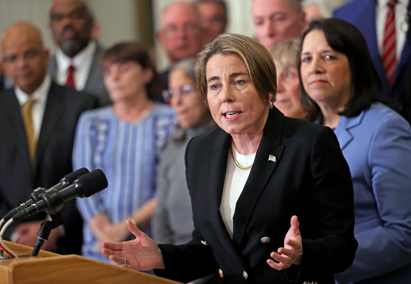 Massachusetts Governor Maura Healey speaks at a press conference in January 2026.