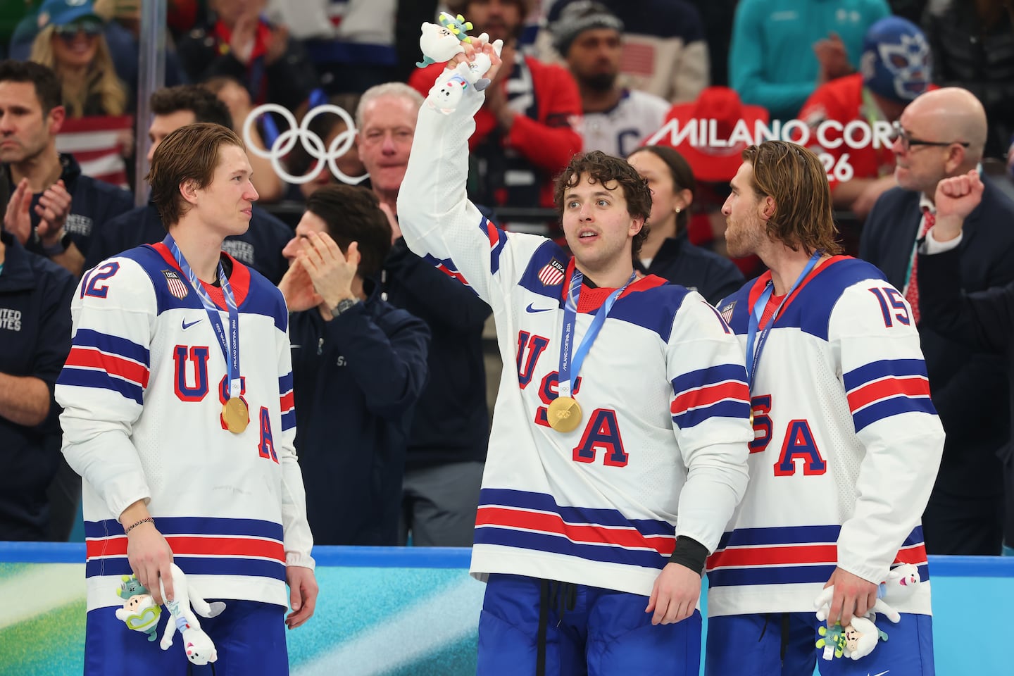 The Americans' gold medal victory had a decidedly Massachusetts flair, with Millis' own Matt Boldy (left) and Norwood's Noah Hanifin (right) donning the hard-earned hardware.