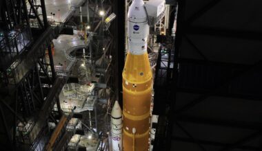 Image shows the inside the Vehicle Assembly Building at NASA's Kennedy Space Center in Florida on Wednesday, Feb. 25, 2026, with NASA's Space Launch System rocket with Orion's spacecraft atop for NASA's Artemis II mission.